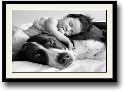 Baby with dog b&w Fine Art Print(10 inch X 14 inch, Framed)