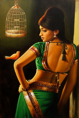 Oshi - Woman with the Bird Paper Print(18 inch X 12 inch, Streched)