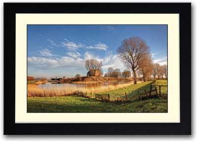 Beautiful River in Green farm Fine Art Print(14 inch X 20 inch, Framed)