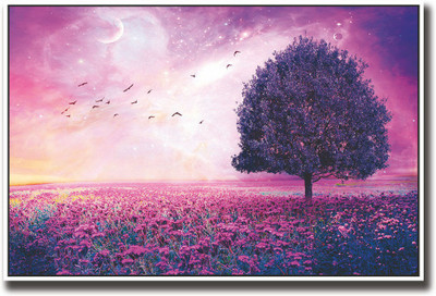 Purple flowers birds and tree Fine Art Print(12 inch X 18 inch, Rolled)