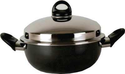 Kitchen Chef High Dome Kadhai 24 cm with Lid(Stainless Steel, Non-stick), Black