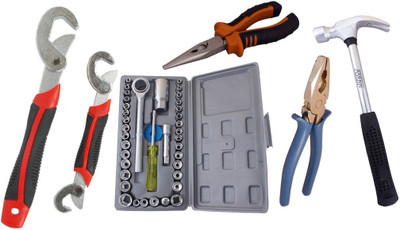 Asraw Snap N Grip, Plier, Nose Plier, 1/2LB Hammer & Socket Set Hand Tool Kit(5 Tools), Multicolor