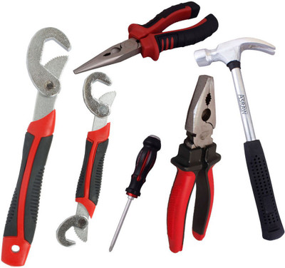 Asraw Snap N Grip, Plier, Nose Plier, 1/2LB Hammer & Double Sided Screwdriver Hand Tool Kit(5 Tools), Multicolor