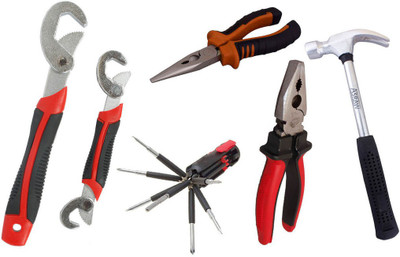 Asraw Snap N Grip, Plier, Nose Plier, 1/2LB Hammer & 8in1 Screwdriver Set Hand Tool Kit(5 Tools), Multicolor