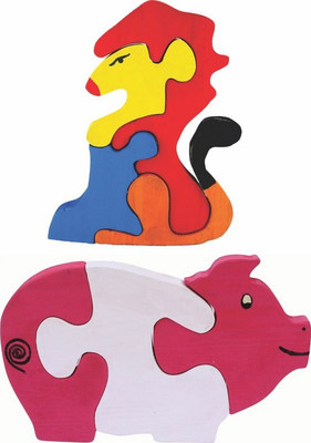 Enigmatic Woodworks Wooden Jigsaw Puzzle Lion + Pig(2 Pieces)