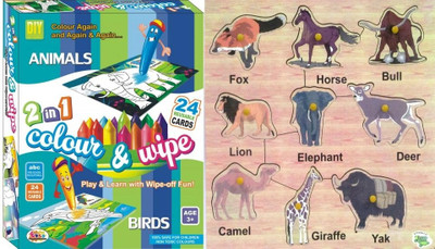 DealBindaas Wooden Puzzle Animals,Ekta Colour,Wipe Animals And Birds Combo(18 Pieces)