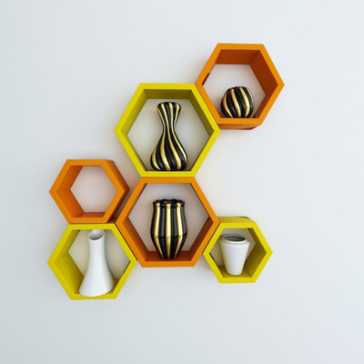 Wallz Art Hexagon Shape MDF Wall Shelf(Number of Shelves - 6, Orange)