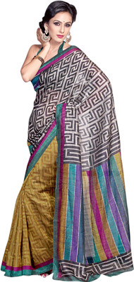 Saara Geometric Print Daily Wear Silk Saree(Grey, Blue), Grey - turquoise