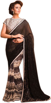 Vandv Shop Printed Fashion Handloom Georgette Saree(Black), Black;cream