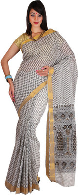 Kanheyas Printed Daily Wear Handloom Cotton Saree(White, Black), Black;white