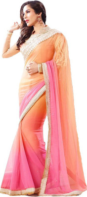 Dancing Girl Embroidered Bollywood Georgette Saree(Pink, Orange)