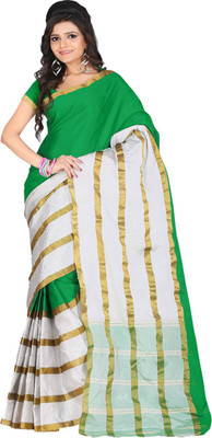 Ansu Fashion Printed Kota Doria Kota Cotton Saree(Green), White