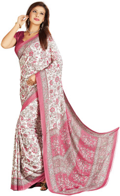 Khushali Printed Fashion Crepe Saree(White, Pink), Pink;white