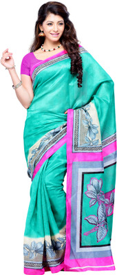 JTInternational Printed Fashion Art Silk Saree(Green, Pink), Multicolor