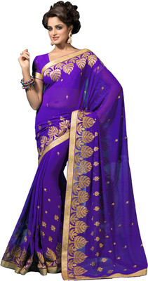 Manthan Embroidered Daily Wear Chiffon Saree(Purple), Dark purple