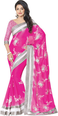 Saara Printed Fashion Viscose Saree(Pink, White)