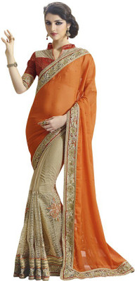 Kintu Designs Pvt. Ltd. Embroidered Fashion Chiffon Saree(Beige, Orange)