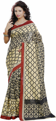 Khushali Self Design, Printed Fashion Art Silk Saree(Beige, Black, Red)