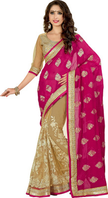 Khushali Self Design, Embroidered Fashion Net Saree(Pink, Beige, Beige;pink