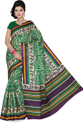 Ishin Printed Fashion Art Silk Saree(Green), Multicolor