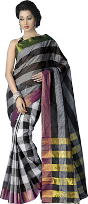 M.S.Retail Checkered Bollywood Cotton Saree(White, Black), Multicolor