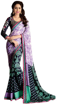 Kintu Designs Pvt. Ltd. Floral Print Fashion Georgette Saree(Purple), Floral;navy blue