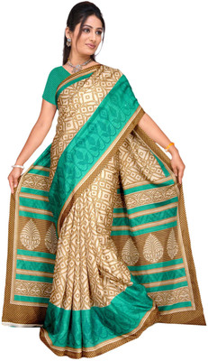 Jiya Self Design, Printed Fashion Silk Saree(Beige, Green)
