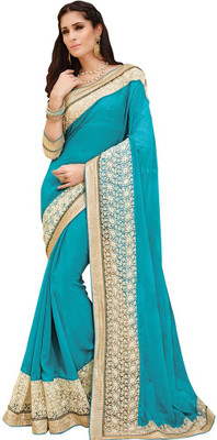 Desi Butik Embroidered Fashion Georgette Saree(Blue), Sky blue