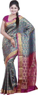 Mimosa Woven Kanjivaram Art Silk Saree(Light Blue), Saffire