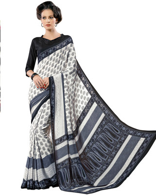 V And V Shop Printed Fashion Handloom Crepe Saree(Grey), Grey;white