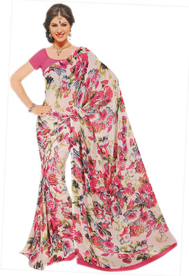 Lovelylook Printed Daily Wear Georgette Saree(White, Pink), Cream & pink