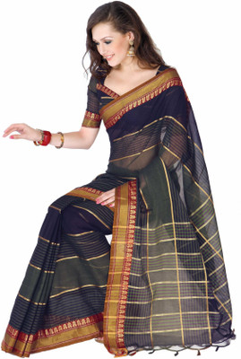 Ishin Printed Cotton Saree(Blue, Blue and black