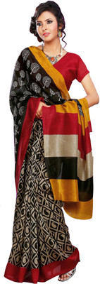 Khushali Self Design, Printed Fashion Art Silk Saree(Multicolor, Beige, Black), Beige;black;multicolor