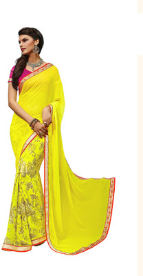 Khushali Self Design, Embellished Fashion Georgette Saree(Yellow, Pink), Pink;yellow