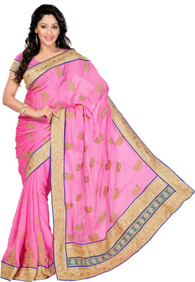 Desi Butik Embroidered Fashion Art Silk Saree(Pink, Gold), Gold;pink