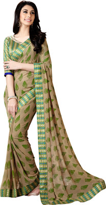 Jiya Self Design, Printed Fashion Georgette Saree(Beige, Green)