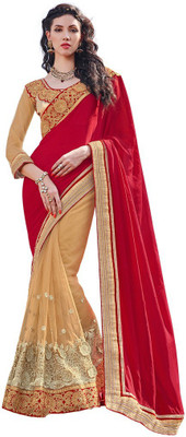 Desi Butik Embroidered Fashion Chiffon, Net Saree(Maroon, Beige), Beige;maroon