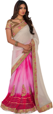 Saara Embroidered Fashion Chiffon Saree(Beige, Pink), Cream;pink