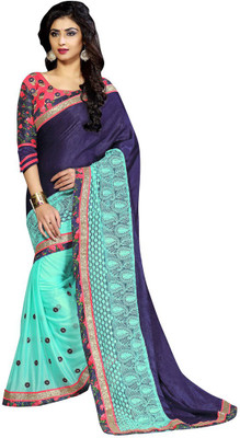 Saara Floral Print Fashion Velvet Saree(Blue), Navy blue and sky blue