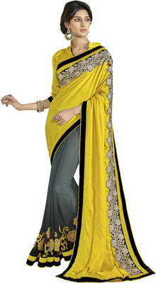Jiya Self Design, Embroidered Fashion Silk, Jacquard, Georgette Saree(Grey, Yellow