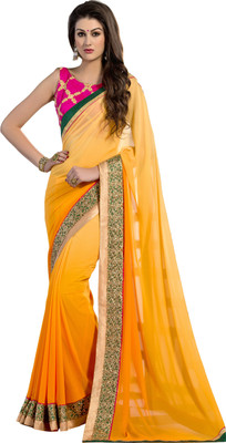 Khoobee Self Design Fashion Georgette Saree(Yellow, Orange), Orange;yellow