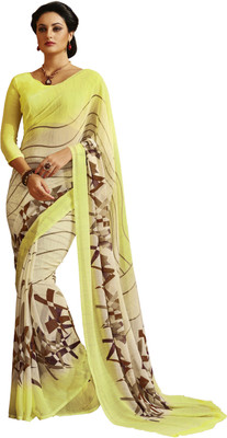 Manthan Printed Daily Wear Georgette Saree(Beige, Yellow), Beige & lemon yellow