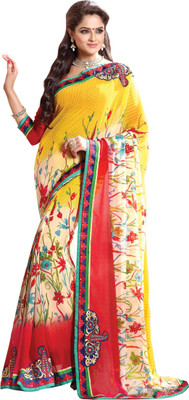 Khoobee Self Design, Embroidered, Embellished Fashion Chiffon Saree(Yellow, Red, White), Red;white;yellow