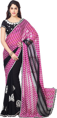 Ishin Embroidered Fashion Georgette Saree(Black, Red)