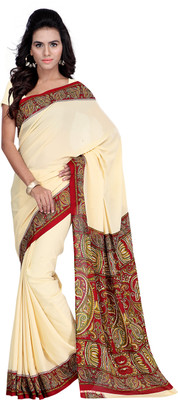 Goodfeel Floral Print Fashion Crepe Saree(Beige, Red)