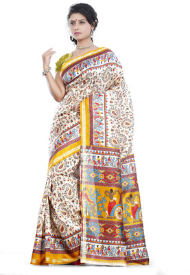 JTInternational Printed Bhagalpuri Silk Saree(Beige)