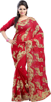 Desi Butik Embroidered Fashion Art Silk Saree(Maroon)