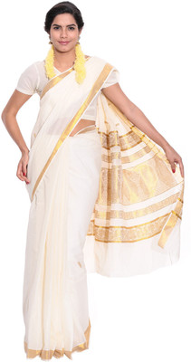 Darps Self Design Balarampuram Cotton Saree(Multicolor), Cream