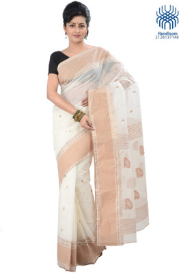 Tantuja Self Design Tangail Handloom Cotton Saree(White, Brown), Wheat