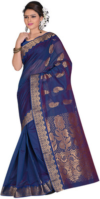 Indianhandloom Self Design Coimbatore Cotton Saree(Blue), Peacock blue